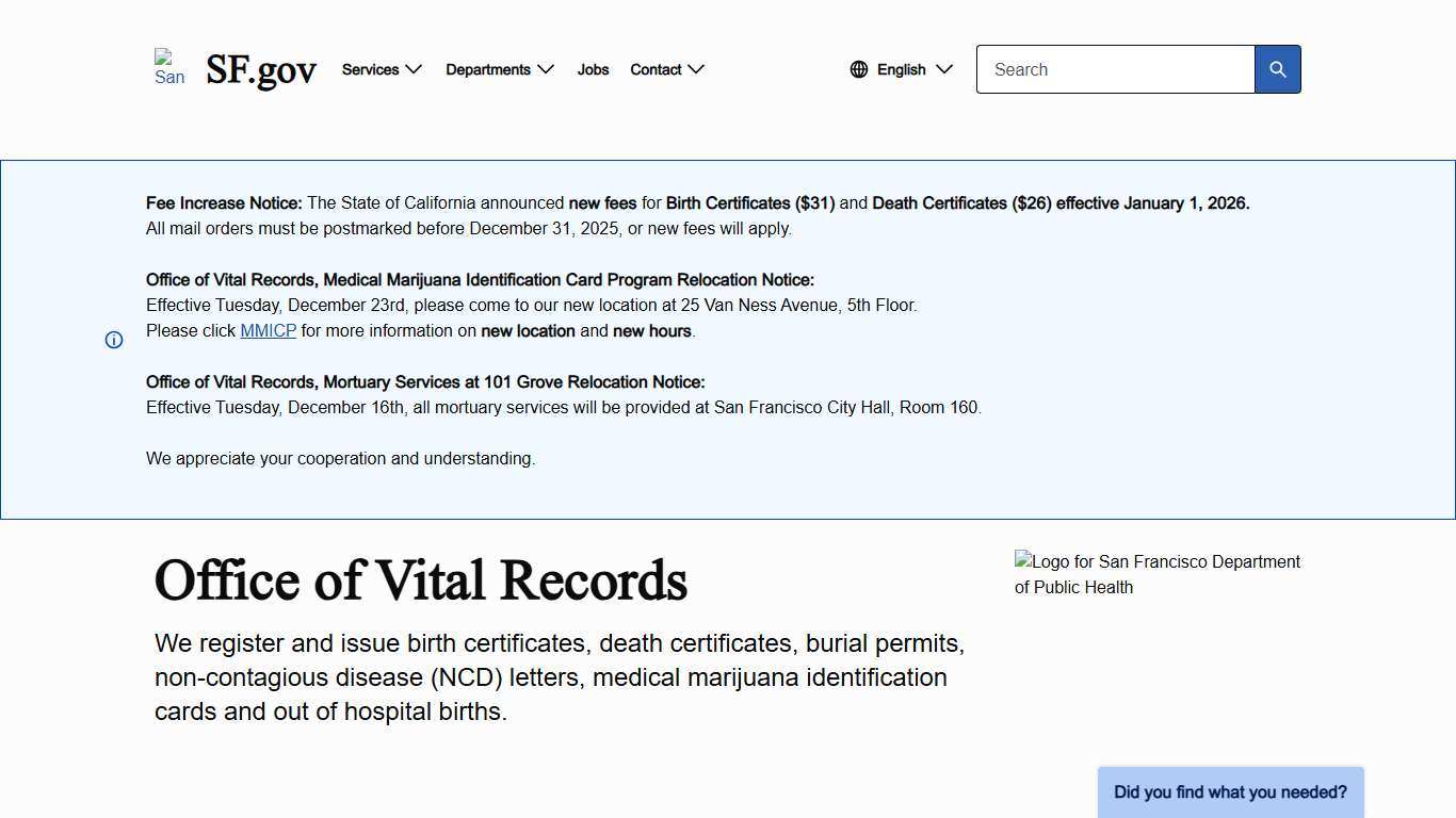 Office of Vital Records SF.gov